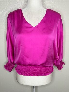 Vince Camuto Fuchsia V-Neck Satin Blouson Top